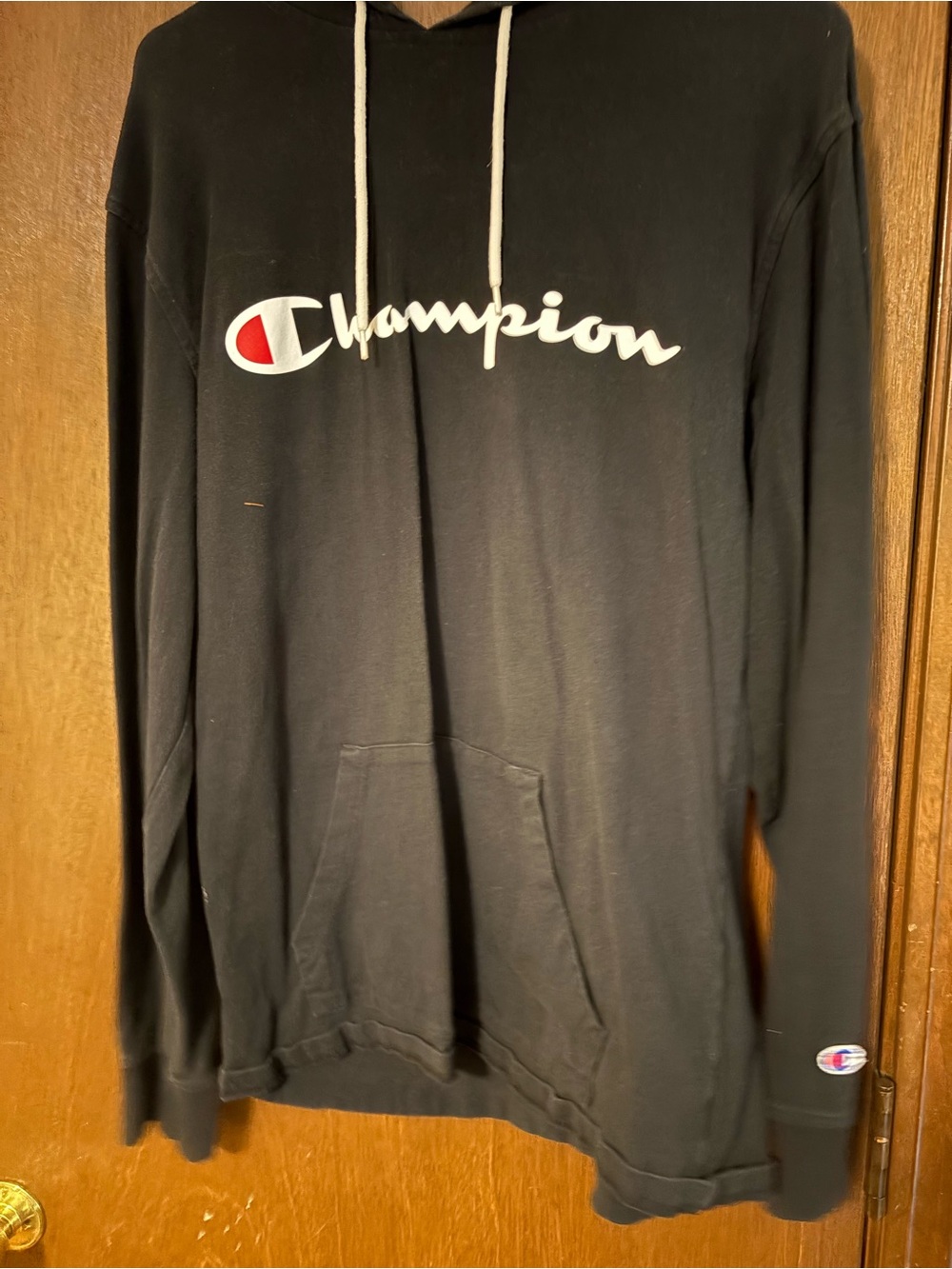 Champion Black Hoodie with White Script and Red Accent